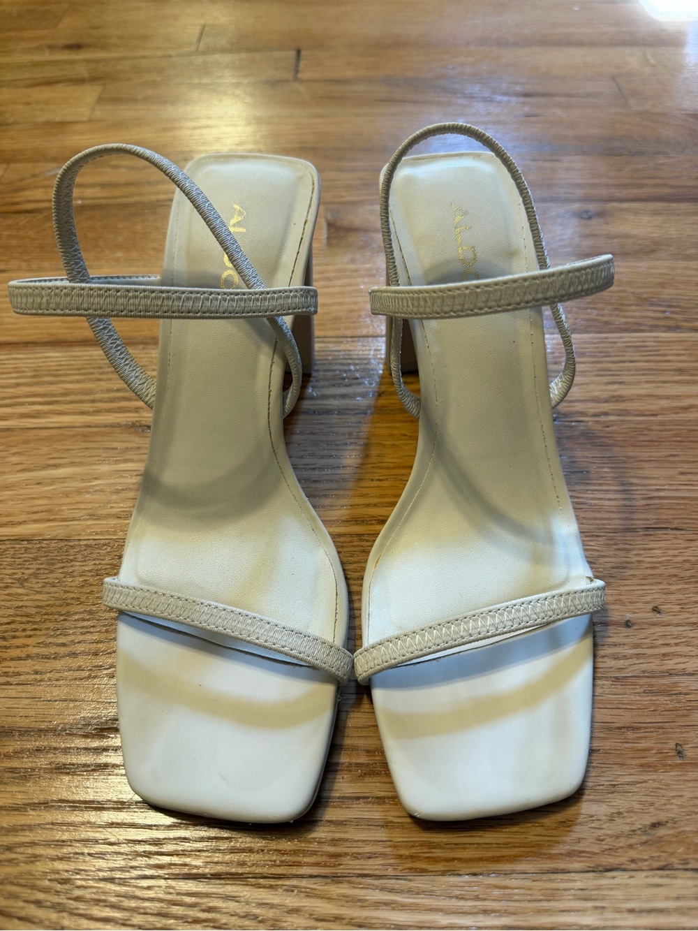 Aldo Light Beige Minimalist Strappy Square-Toe Heels